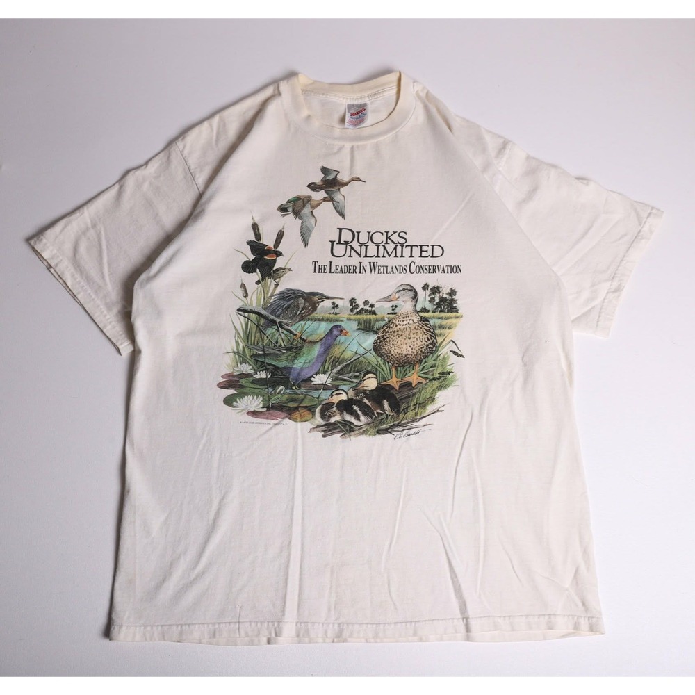 Vintage Ducks Unlimited Jerzees T-Shirt XL Cream Nature Graphic Tee K.D. Cundiff